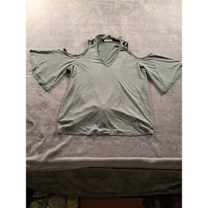 Lavender Field Shirt Womens Medium Green Cold Shoulder Tie Front V Neck Casual